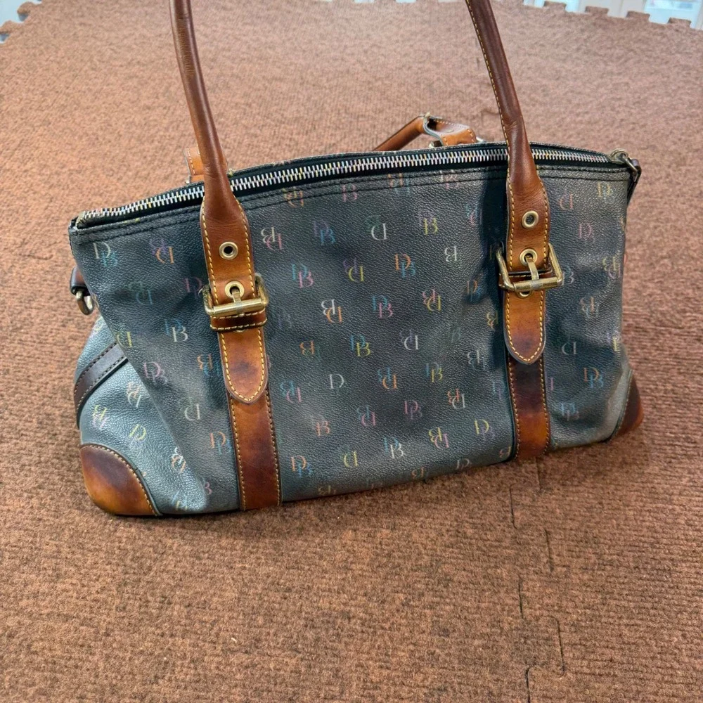C+ Dooney & Bourke Rainbow Monogram Black Satchel Bag Leather Trim Heart Charm